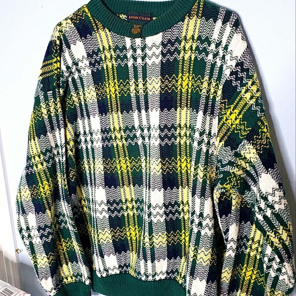 Vtg Izod Cotton Plaid Dark Academia Gorpcore Grandpa Ugly Crewneck Sweater L